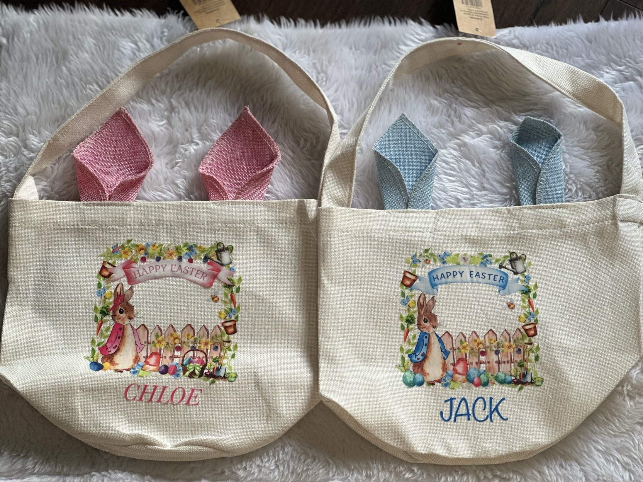 Stunning Personalise Easter Bunny Bags. Blue or Pink Ears