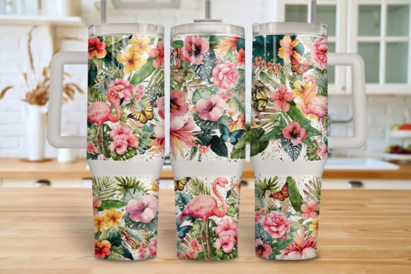 40oz  Tumbler - Pink Flamingos And Flowers