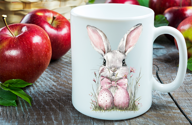 UV-DTF DECAL - Grey Rabbit With Pink Eggs