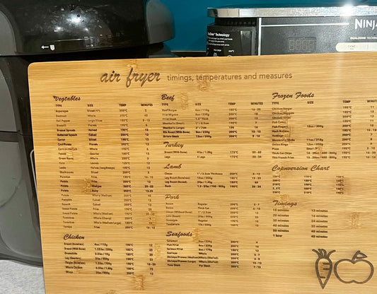 Air Fryer Cheat Sheet Bamboo Chopping Board with Timings and Measures