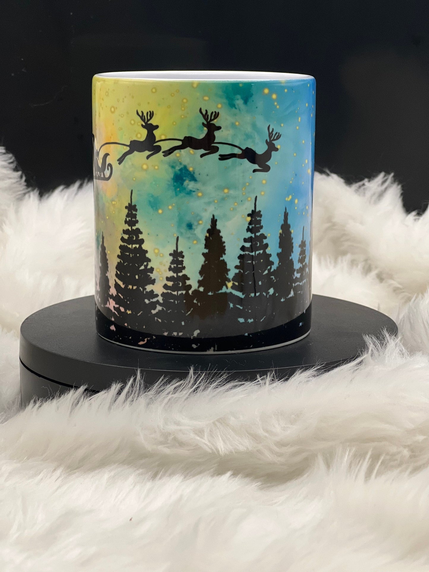 Santa flying in night sky mug
