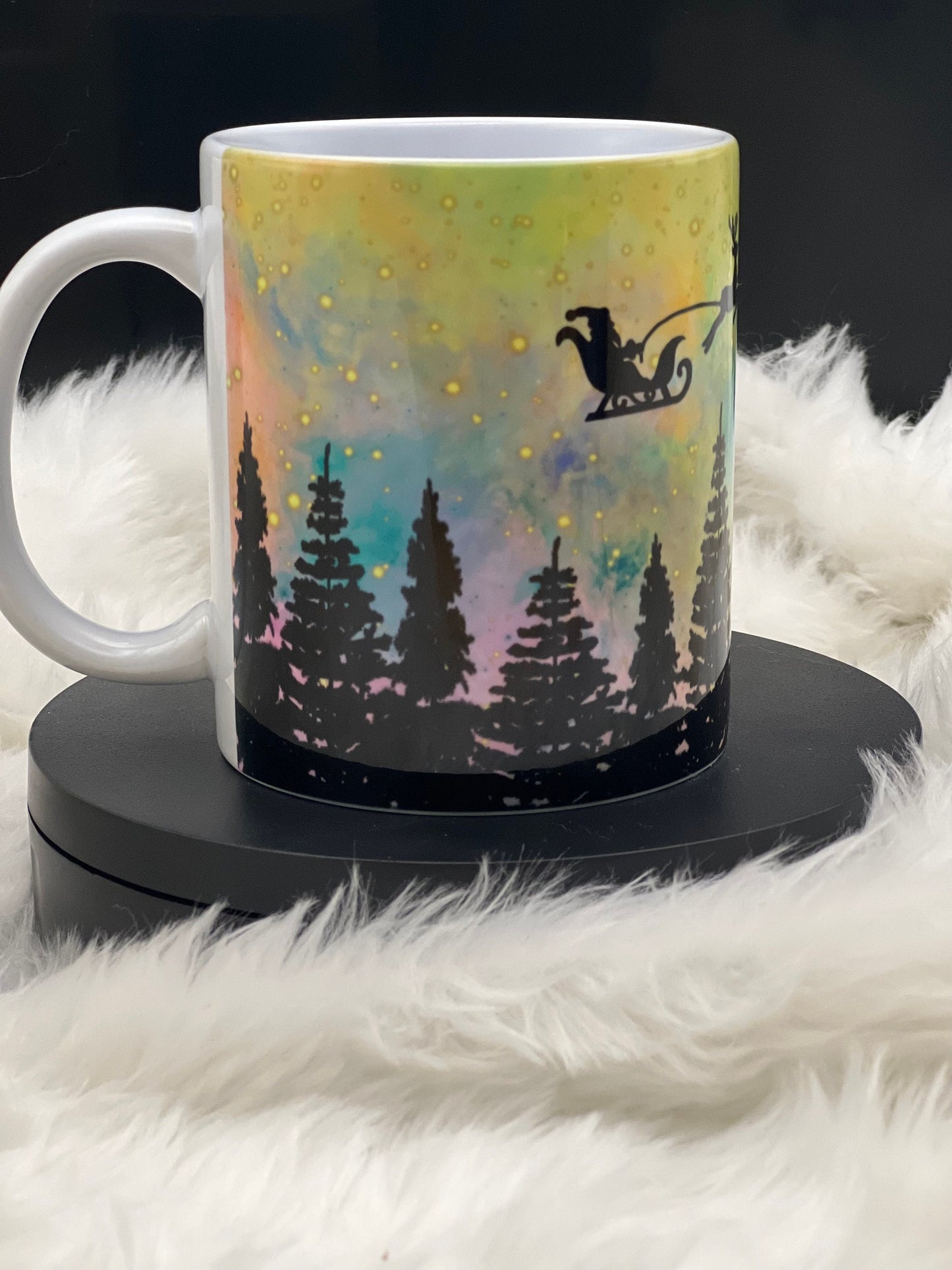 Santa flying in night sky mug